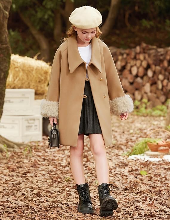 Girls’ Faux Fur Winter Dress Coat – Long Sleeve Jacket with Belt & Pockets (Khaki, Size 7)