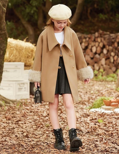 Girls’ Faux Fur Winter Dress Coat – Long Sleeve Jacket with Belt & Pockets (Khaki, Size 7)