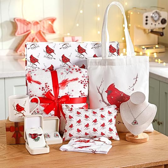8-Piece Cardinal Gift Set for Women – Blanket, Jewelry, Mug, Bags & Socks