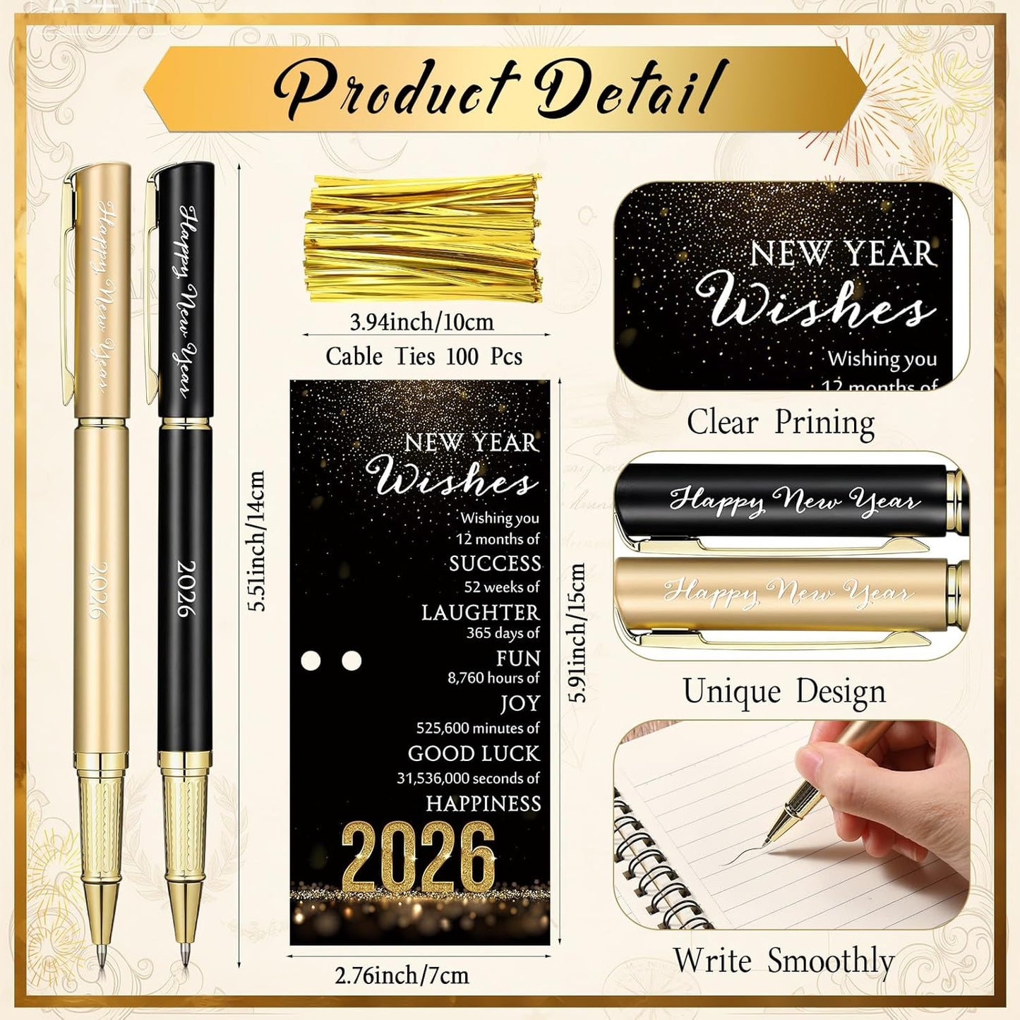 40 Sets Happy New Year Gifts - Inspirational Metal Ballpoint Pens with Blessing Cards for Parties and Favors