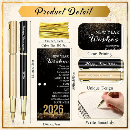 40 Sets Happy New Year Gifts - Inspirational Metal Ballpoint Pens with Blessing Cards for Parties and Favors