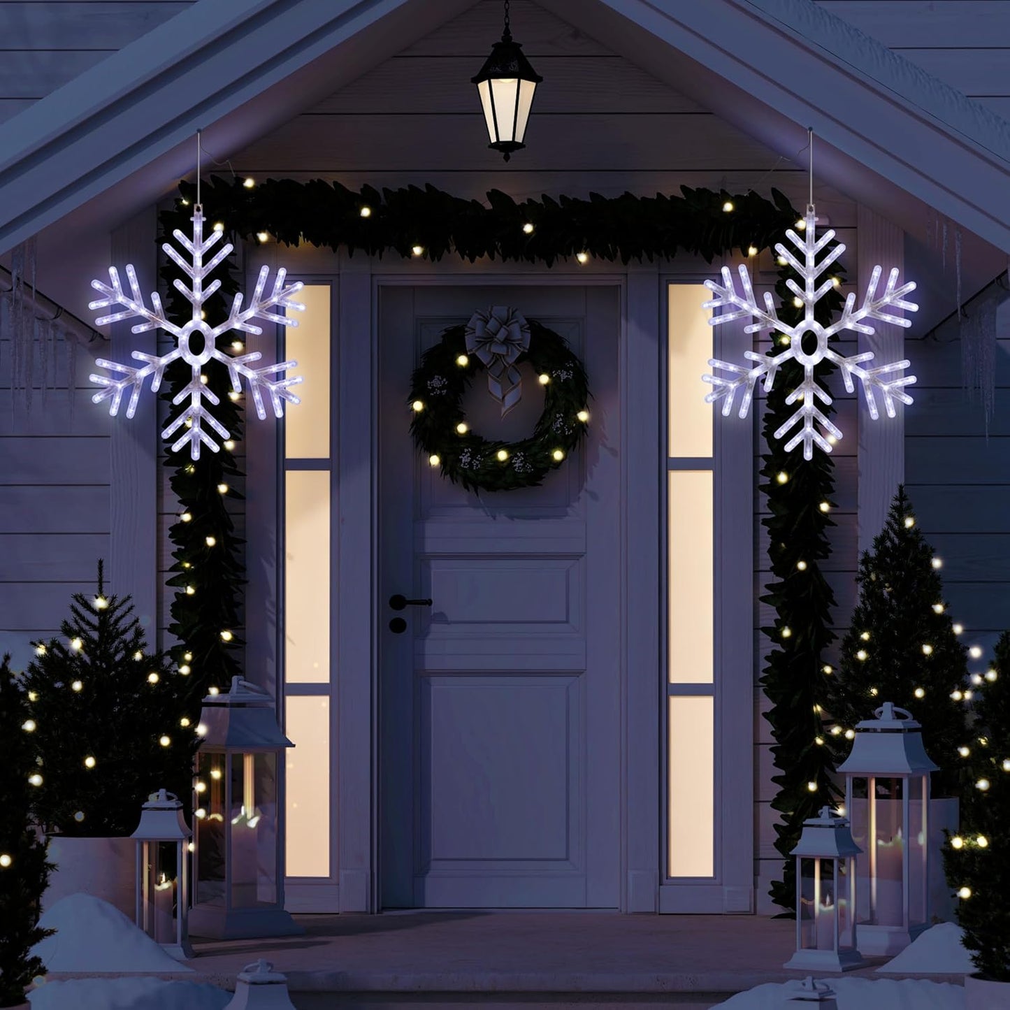 24" Snowflake Lights Decor - Indoor/Outdoor Hanging Christmas Decoration with Cool White LEDs