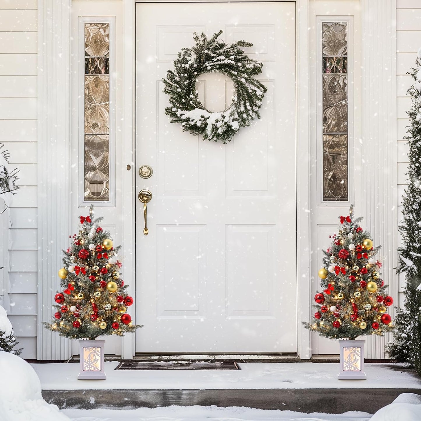 Set of 2 - 3ft Prelit Christmas Trees with 78 Warm Lights & Snowflake Base