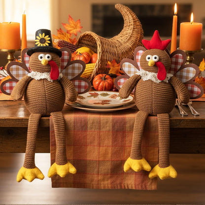 2-Piece Thanksgiving Turkey Couple Plush Dolls – Dangling Leg Fall Harvest Tabletop Decorations for Home, Kitchen & Shelf Décor
