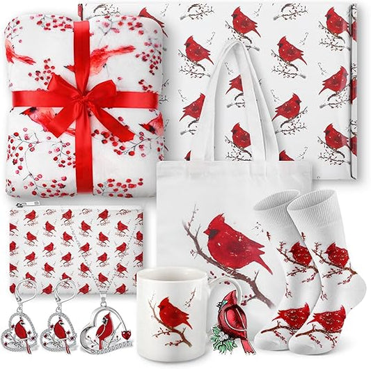 8-Piece Cardinal Gift Set for Women – Blanket, Jewelry, Mug, Bags & Socks
