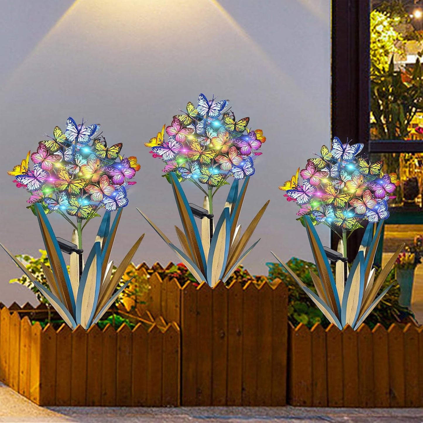 Solar Metal Agave Garden Stakes (3 PCS Blue) – Butterfly & Sunflower Outdoor Decor with Swaying Solar Lights for Yard, Patio & Lawn