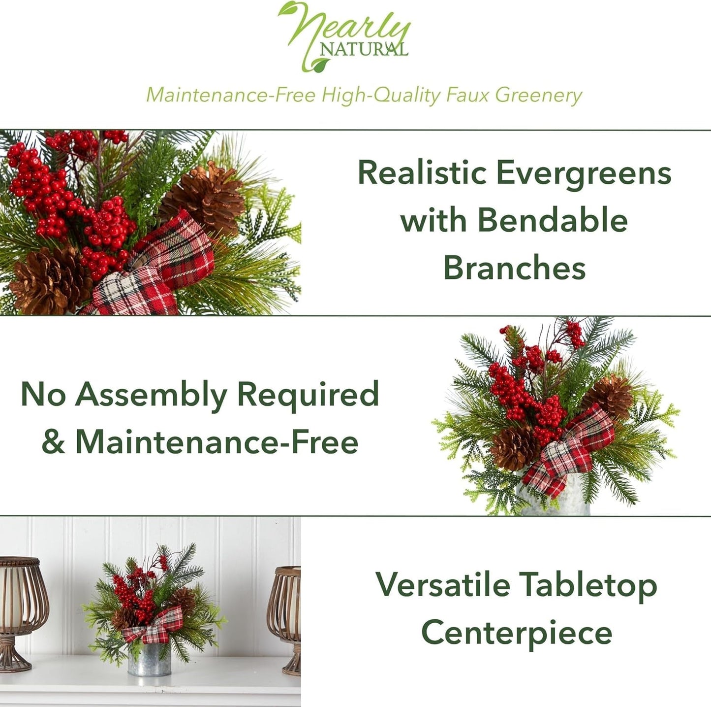 12in Holiday Table Arrangement with Pinecones, Berries, and Plaid Bow