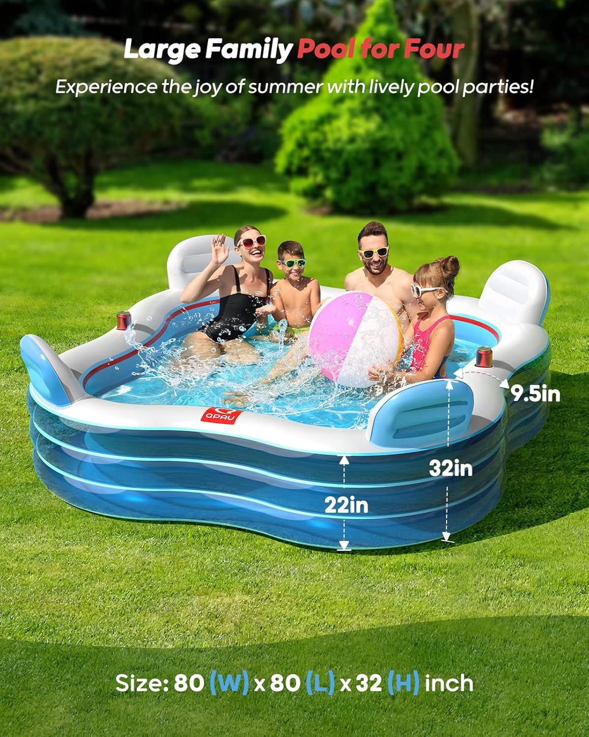 Full-Sized Inflatable Swimming Pool – Blow Up Family Pool with Seats & Backrests for Backyard Summer Fun – Clear Blue