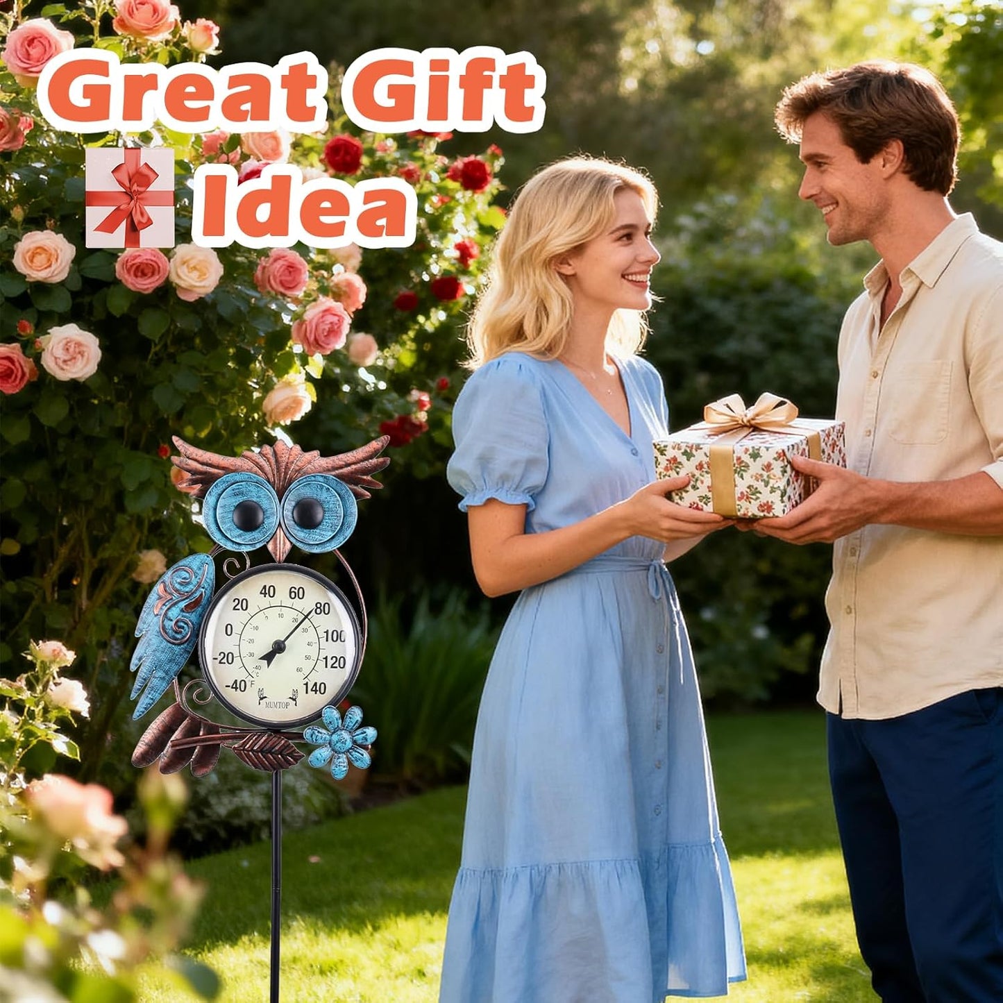 42" Metal Owl Outdoor Thermometer – Garden Stake or Wall-Mount Thermometer for Patio, Yard & Garden
