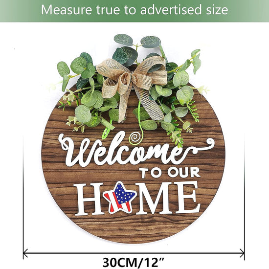 Interchangeable Seasonal Welcome Sign Front Door Decoration, Rustic Round Wood Wreaths Wall Hanging