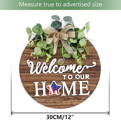 Interchangeable Seasonal Welcome Sign Front Door Decoration, Rustic Round Wood Wreaths Wall Hanging