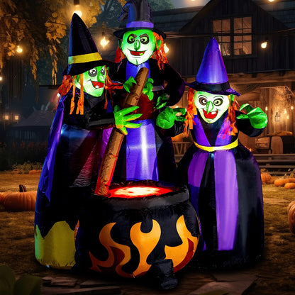6 FT Halloween Inflatable Witches & Cauldron – Flame Light LED Blow-Up Decoration for Indoor & Outdoor Yard, Lawn & Party Décor