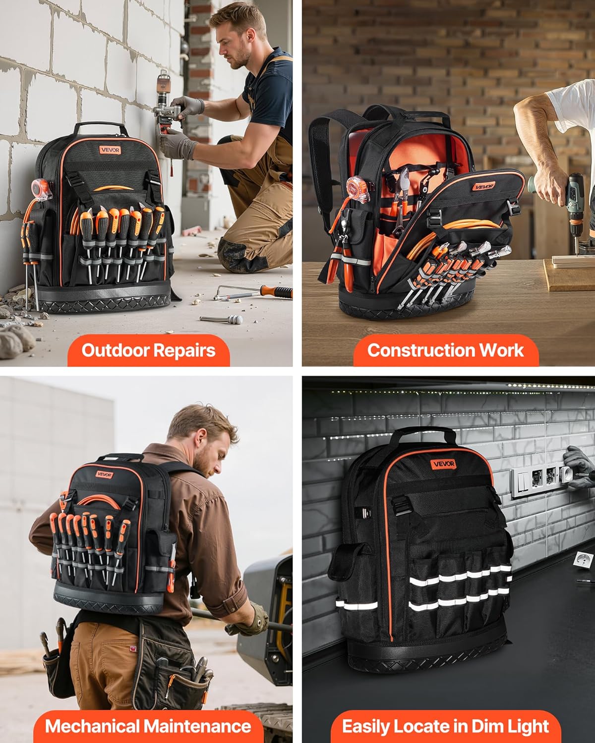 64 Pocket Heavy-Duty Tool Backpack – Jobsite Organizer Bag with Laptop Compartment & Molded Base for Electricians & HVAC Techs