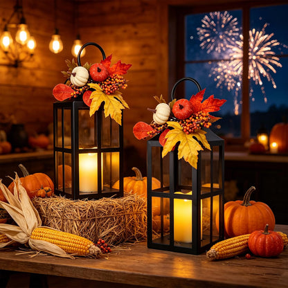 2-Pack 17.7" Fall Lanterns with LED Candles – Thanksgiving Décor with Timer for Table, Porch & Home