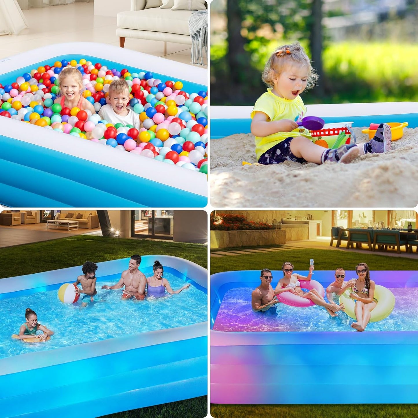 Inflatable Solar Pool with Lights, 7-Color Blow-Up Pool for Kids and Adults