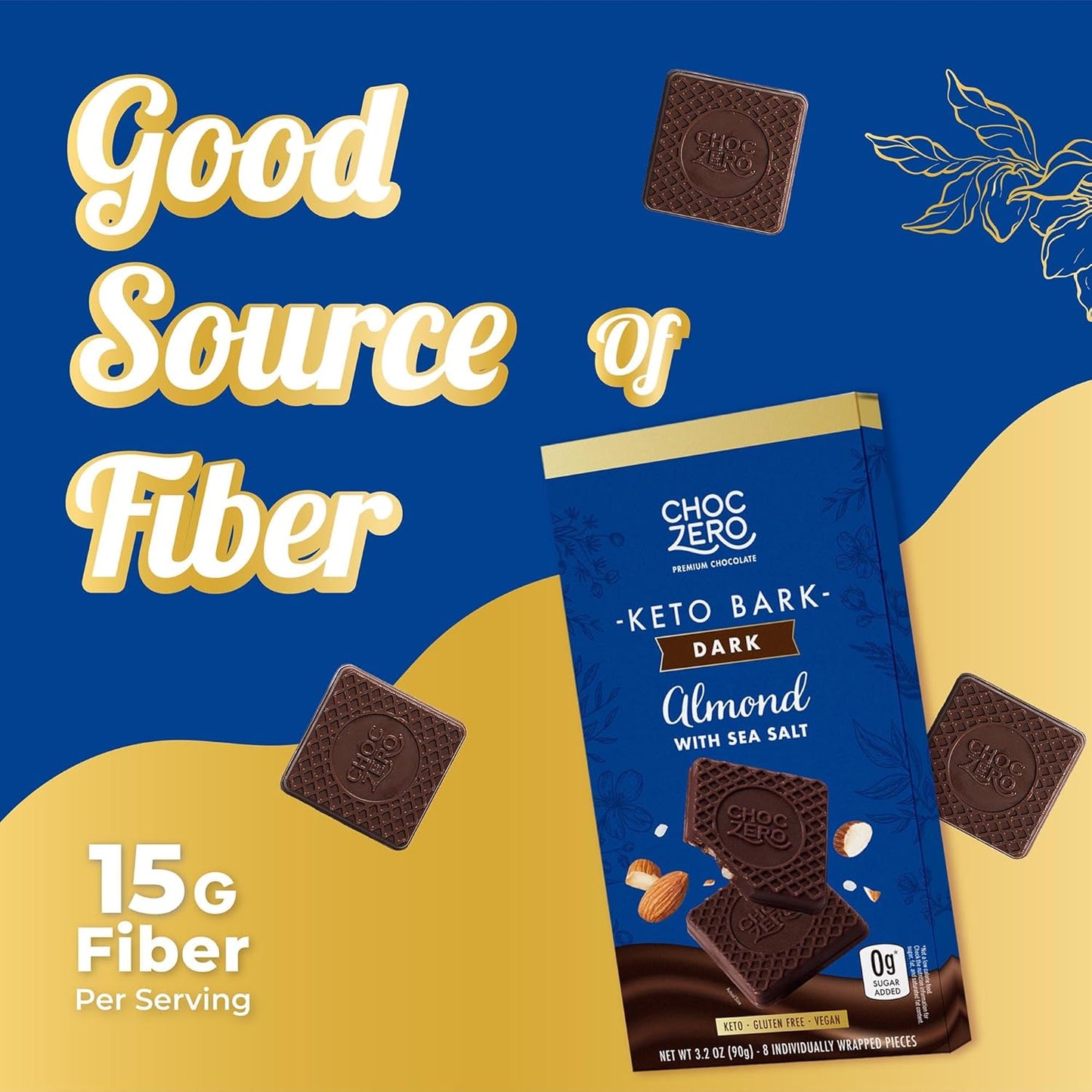Sugar-Free Dark Chocolate Almond Keto Bark with Sea Salt – Vegan, Low Carb, High Fiber, No Sugar Alcohols, 3.2 oz Bars (4 Pack)