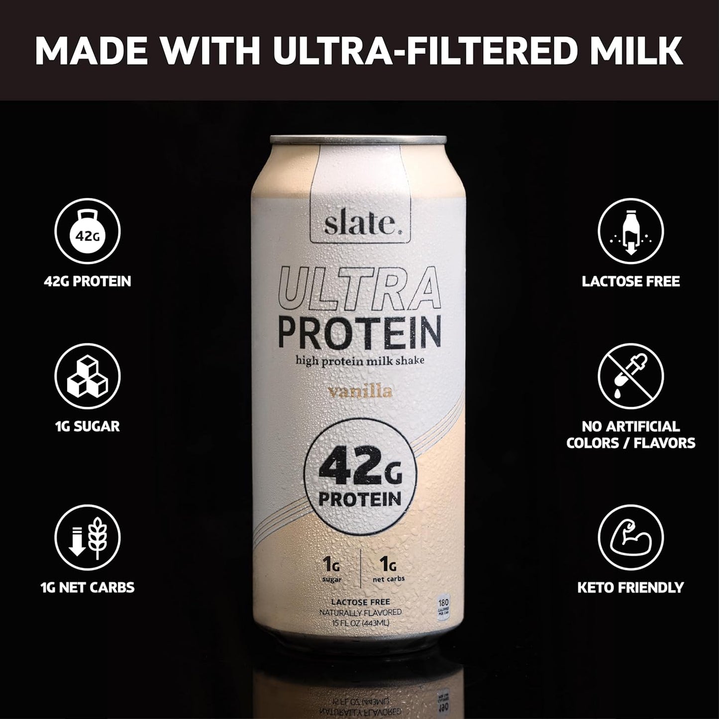 Ultra Protein Shake – Vanilla – 42g Protein, 1g Sugar, 180 Calories, 1g Net Carbs – Lactose Free, No Added Sugar – 15 fl oz (12 Cans)