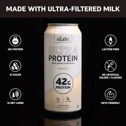 Ultra Protein Shake – Vanilla – 42g Protein, 1g Sugar, 180 Calories, 1g Net Carbs – Lactose Free, No Added Sugar – 15 fl oz (12 Cans)