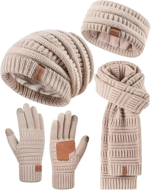 Women’s Winter Beanie, Scarf & Gloves Set – Slouchy Knit Hat, Ear Warmer & Touchscreen Gloves (4-Piece Set)