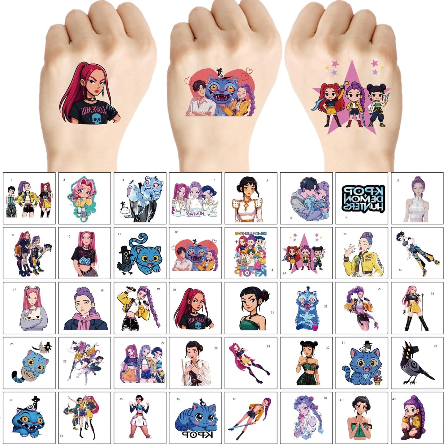 Korean Idol Demon Hunters Temporary Tattoos (40 PCS) – Cartoon Party Favors for Kids, Fans, Birthdays & Class Prizes