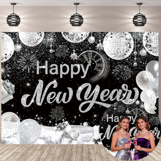 2026 Happy New Year Backdrop – 10x8 FT Black & Silver Photo Background with Fireworks & Champagne