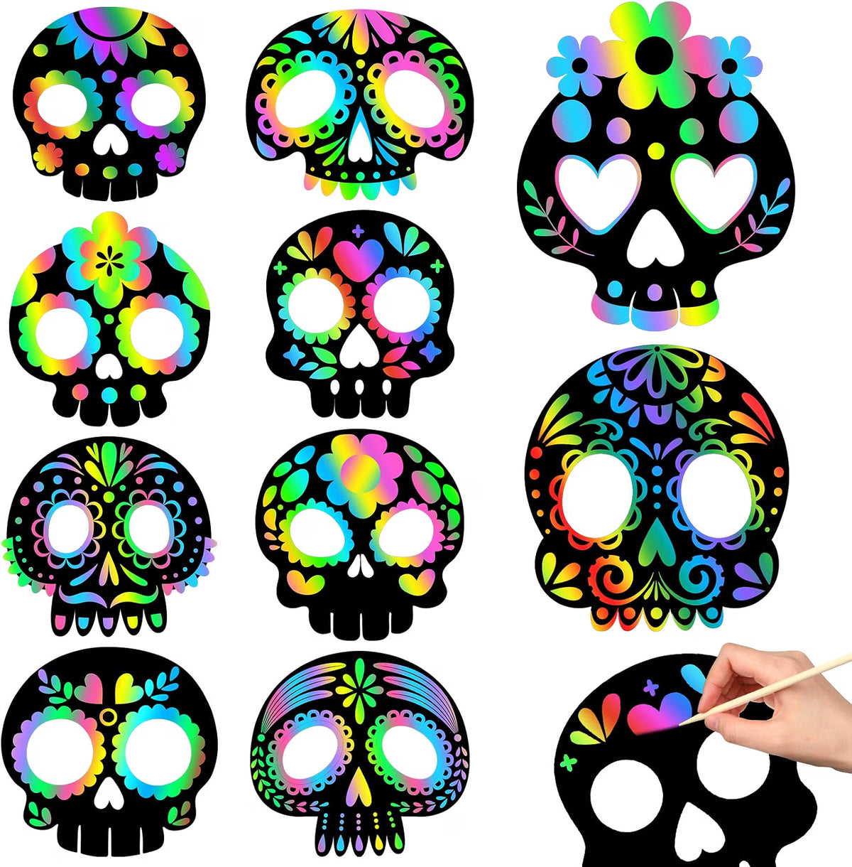 60-Piece Day of the Dead Scratch Skull Masks – DIY Halloween Party Favors & Kids Craft Activity