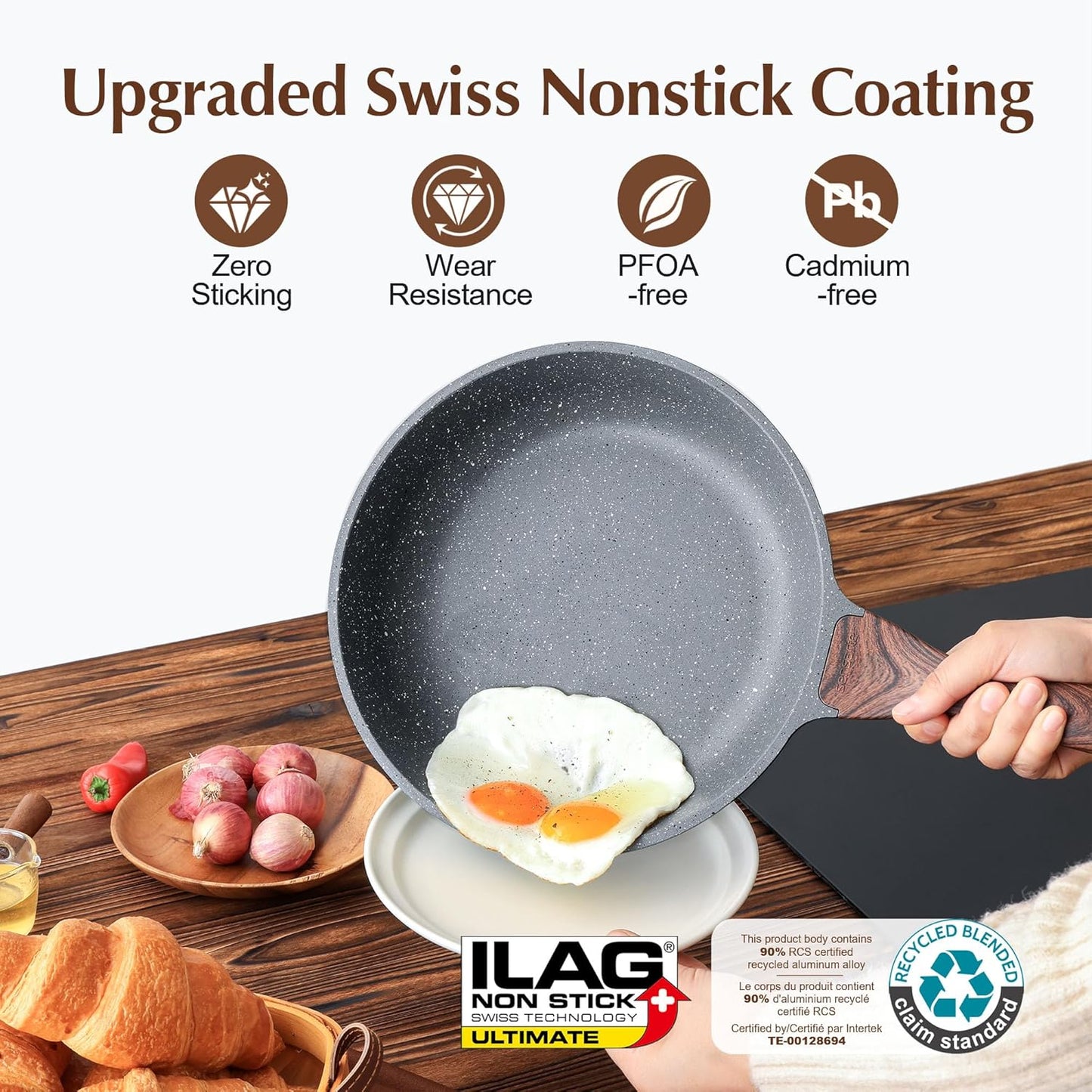 9.5-Inch Nonstick Frying Pan with Swiss Granite Coating | Healthy Stone Cookware, PFOA Free