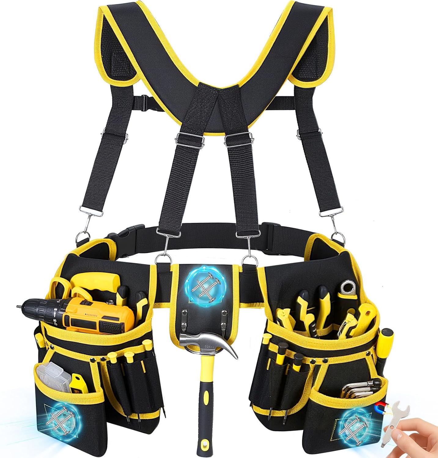 Professional Tool Belt with Suspenders – Heavy-Duty Adjustable Work Belt with Magnetic Tool Pouch for Electricians & Carpenters (Black/Yellow)