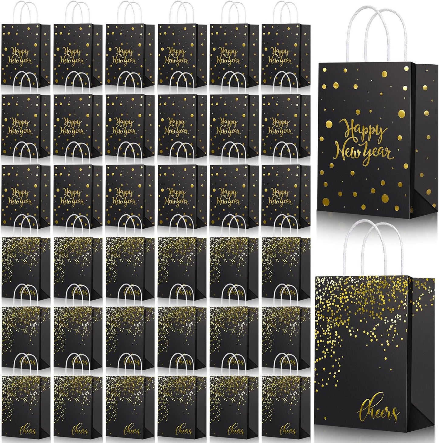 36 Pcs Happy New Year Gift Bags - Black Kraft Paper Bags with Handles (Gold Foiled) for Parties and Favors