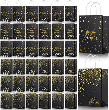 36 Pcs Happy New Year Gift Bags - Black Kraft Paper Bags with Handles (Gold Foiled) for Parties and Favors