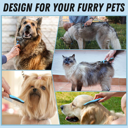 Pet Grooming Combo – Deshedding Brush & Metal Comb for Dogs & Cats with Long or Matted Fur – Blue