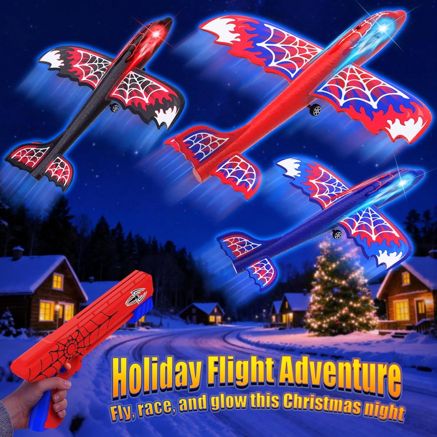 3-Pack Airplane Launcher Toy – Glowing Eyes & Web-Pattern Wings | 2 Flight Modes for Outdoor Fun, Perfect for Kids Ages 3-12 – Great Birthday Gift (Red, Blue & Black)