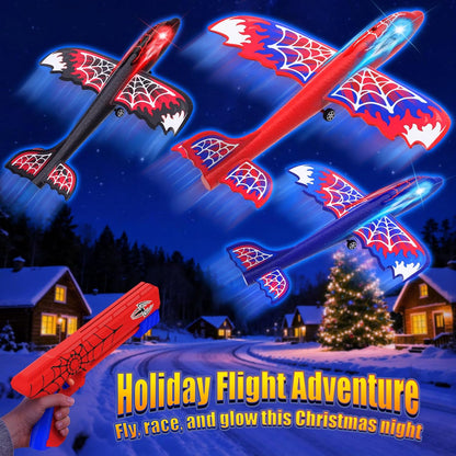 3-Pack Airplane Launcher Toy – Glowing Eyes & Web-Pattern Wings | 2 Flight Modes for Outdoor Fun, Perfect for Kids Ages 3-12 – Great Birthday Gift (Red, Blue & Black)