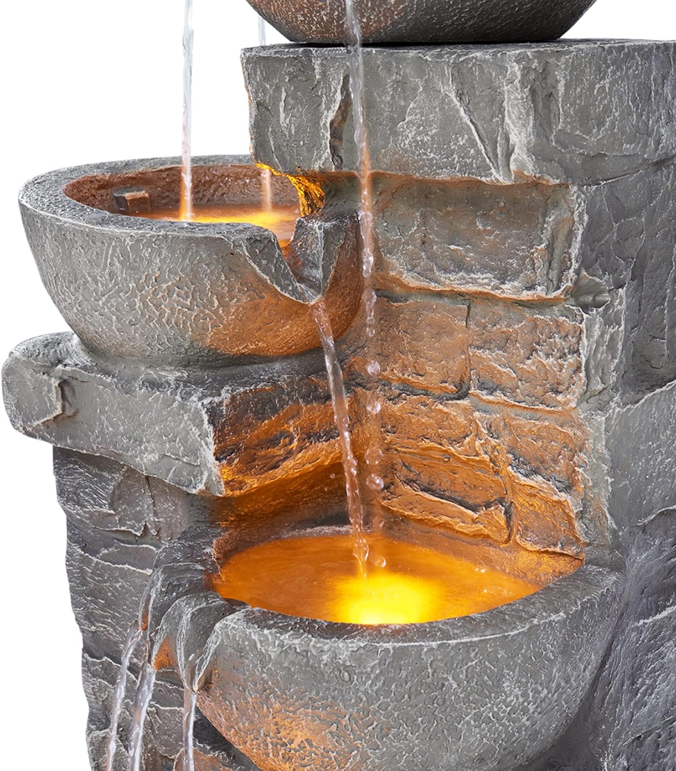 33.25" Cascading Bowls & Stacked Stones LED Outdoor Water Fountain (Stone Gray)