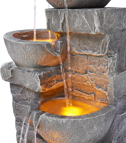 33.25" Cascading Bowls & Stacked Stones LED Outdoor Water Fountain (Stone Gray)