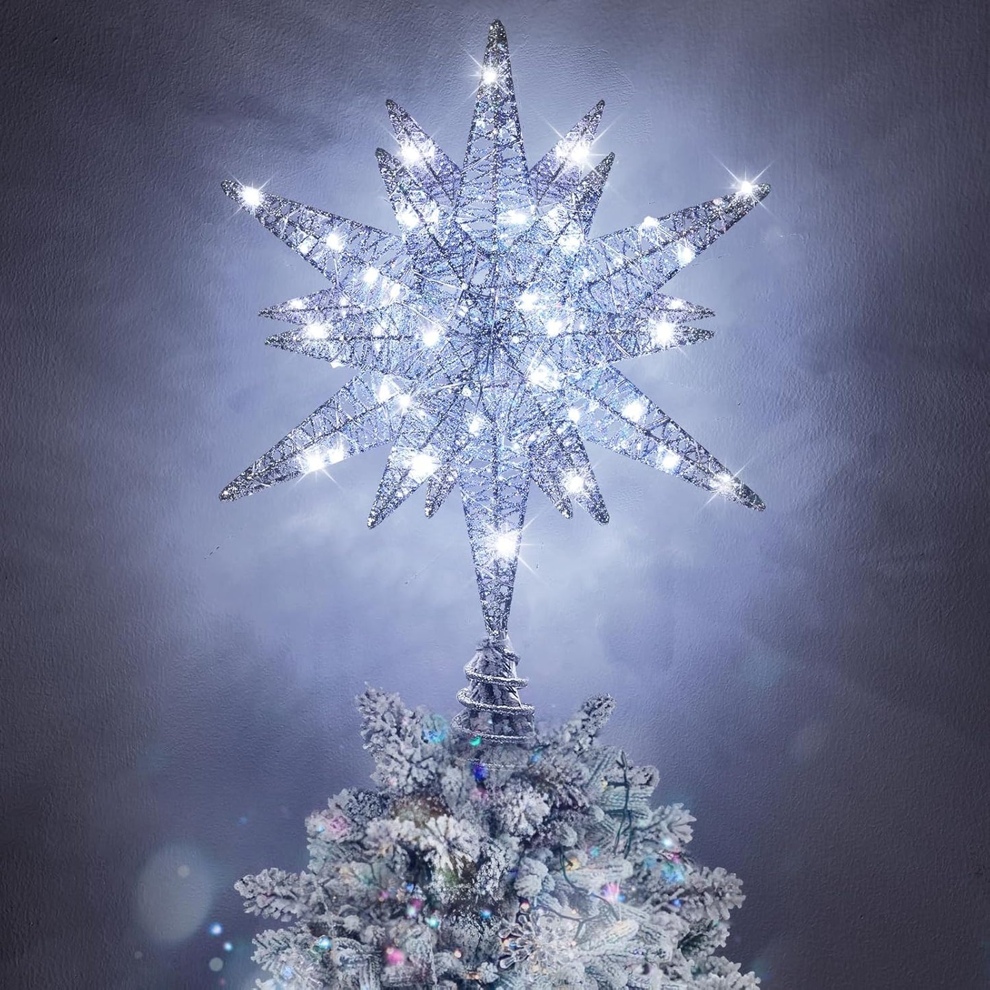Christmas Tree Topper - 9.6" 3D Silver Star with USB Plug & Remote Control, Featuring 6H Timer and 8 Lighting Modes