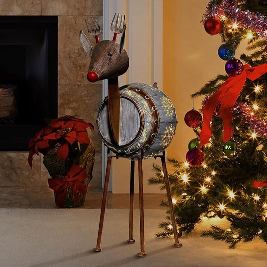 33" Tall Metal Barrel Reindeer with LED Lights