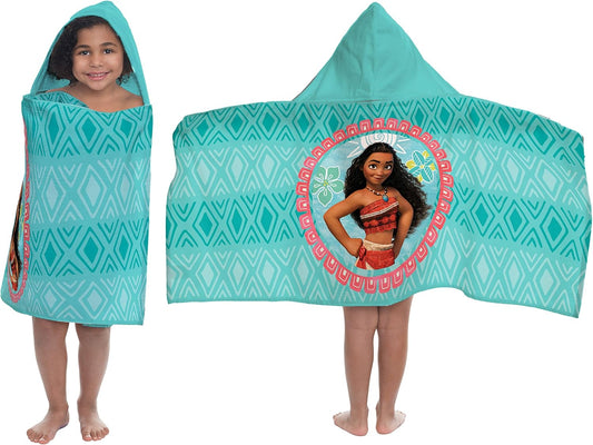 Moana Hooded Towel Poncho – 100% Cotton Kids Bath & Beach Cover-Up with 3D Hood – Teal, 22" x 51"