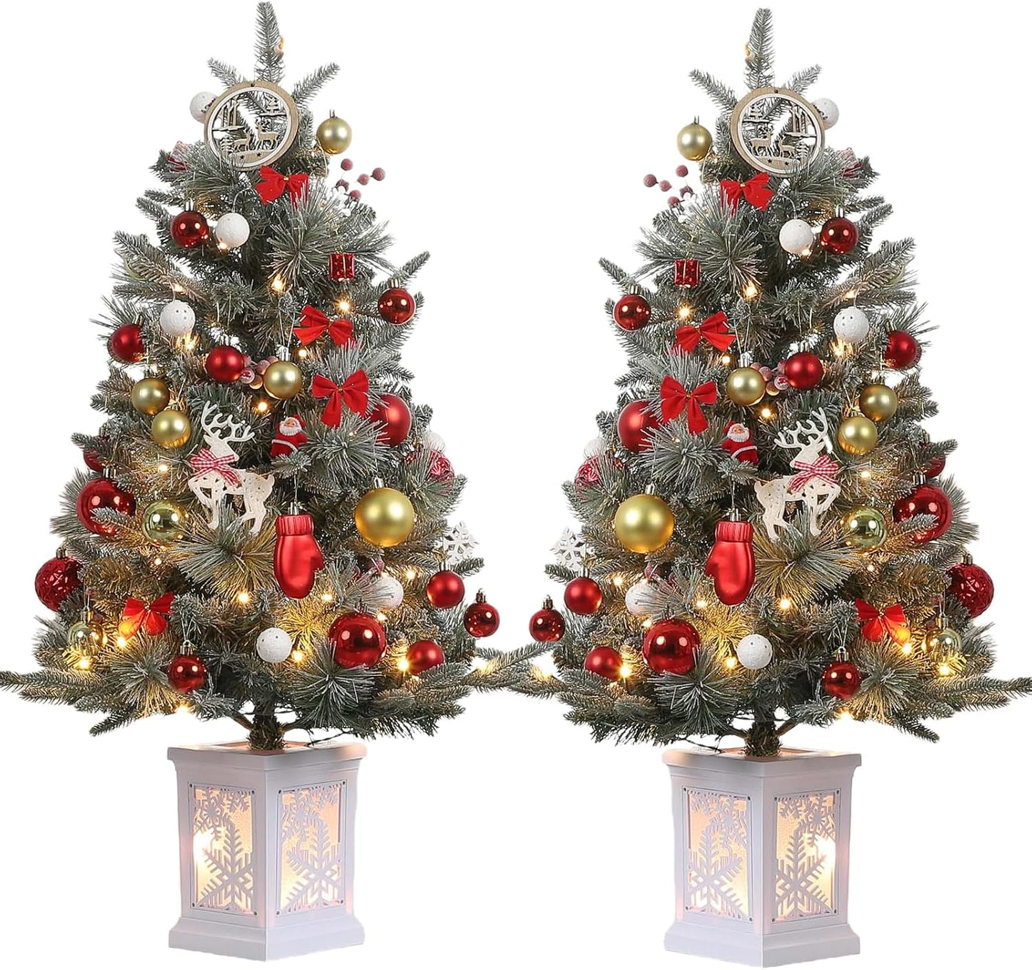 Set of 2 - 3ft Prelit Christmas Trees with 78 Warm Lights & Snowflake Base