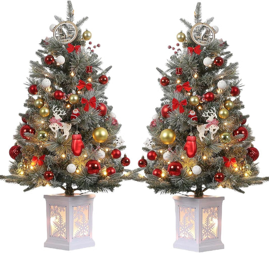 Set of 2 - 3ft Prelit Christmas Trees with 78 Warm Lights & Snowflake Base