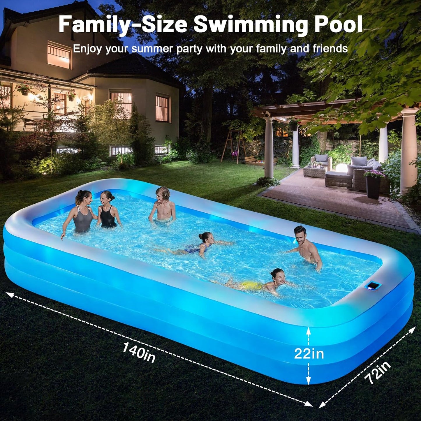 Inflatable Solar Pool with Lights, 7-Color Blow-Up Pool for Kids and Adults