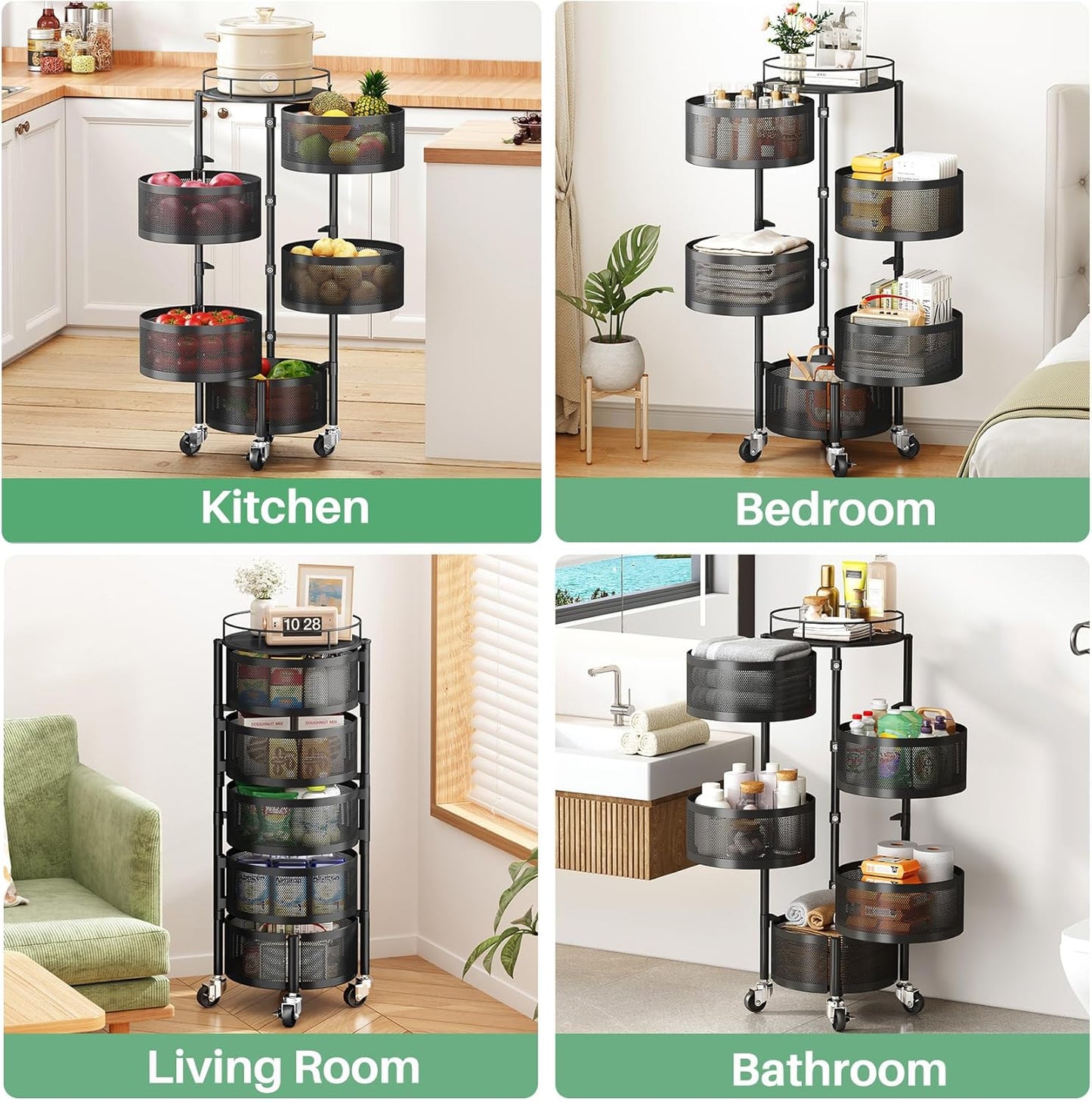 5-Tier Rotating Fruit & Vegetable Basket – Rolling Kitchen Storage Rack with Wheels & Lid – Black
