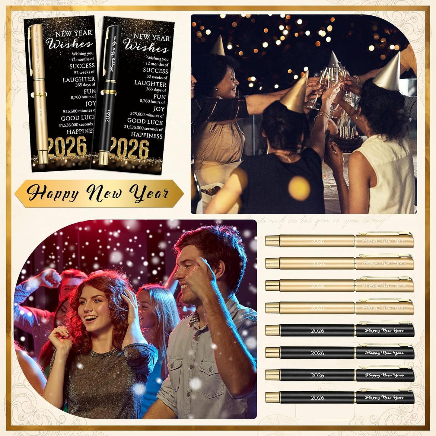 40 Sets Happy New Year Gifts - Inspirational Metal Ballpoint Pens with Blessing Cards for Parties and Favors