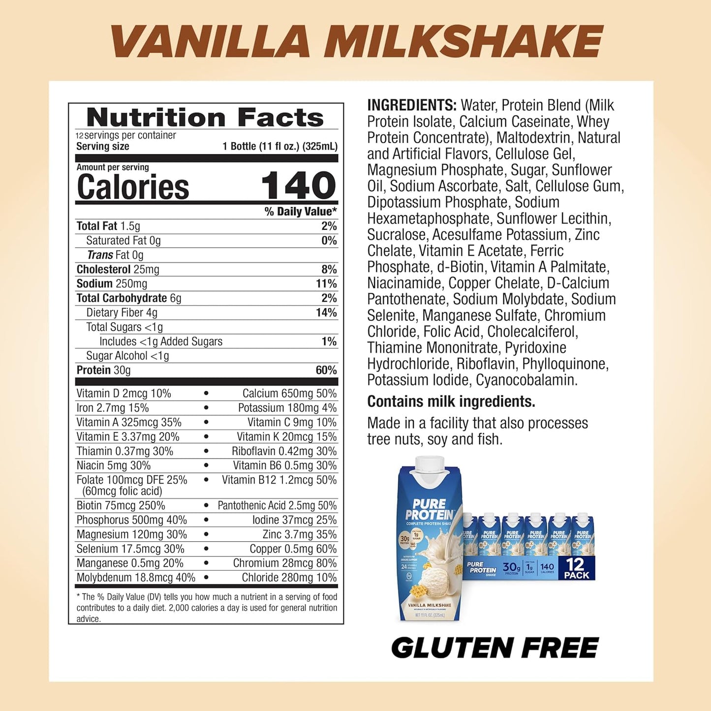 Pure Protein Vanilla Protein Shake – 30g Protein, Keto-Friendly, 11oz Bottles (12 Pack)