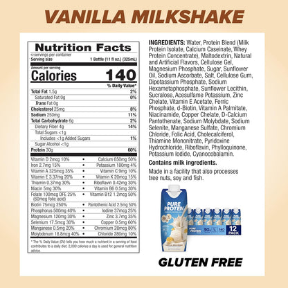 Pure Protein Vanilla Protein Shake – 30g Protein, Keto-Friendly, 11oz Bottles (12 Pack)