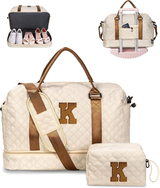 Initial Duffle Bag (Letter K) – Personalized Weekender with Shoe Compartment, Wet Pocket & Makeup Bag, Beige