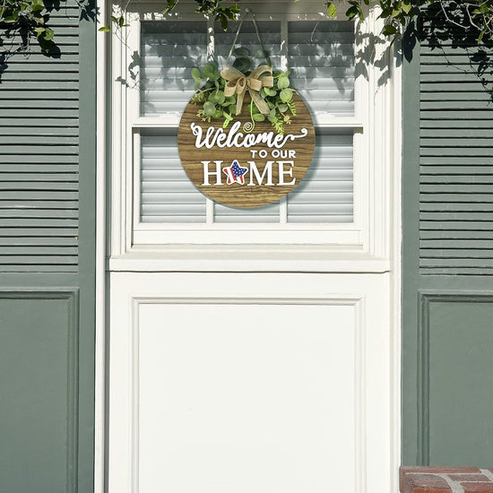 Interchangeable Seasonal Welcome Sign Front Door Decoration, Rustic Round Wood Wreaths Wall Hanging