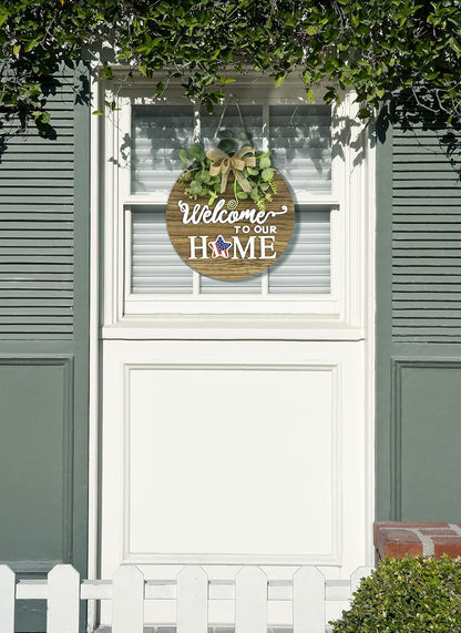 Interchangeable Seasonal Welcome Sign Front Door Decoration, Rustic Round Wood Wreaths Wall Hanging