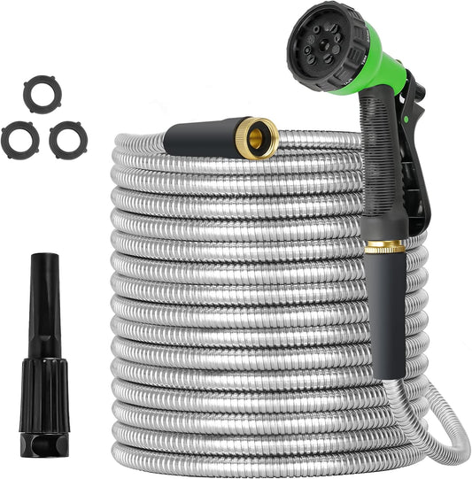 100ft Metal Garden Hose - Flexible Stainless Steel with Brass Fittings