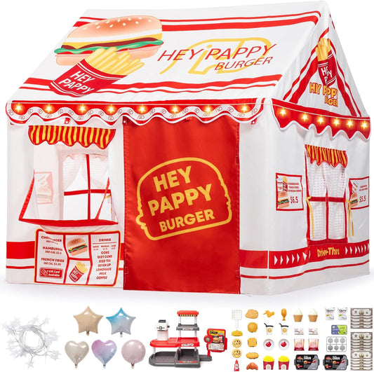 Burger-Themed Toddler Playhouse Tent with Complete Toy Set, Window, Lights, and Balloons